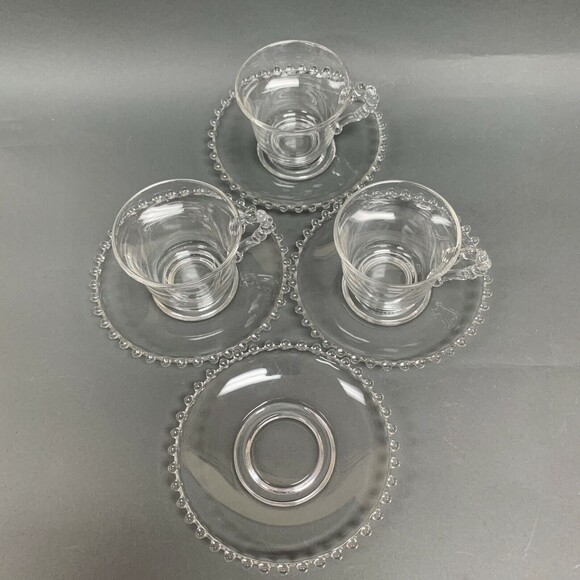 Ohio Imperial Glass Cups and Saucers Clear Beaded Candlewick Lot of 7 - Picture 2 of 6